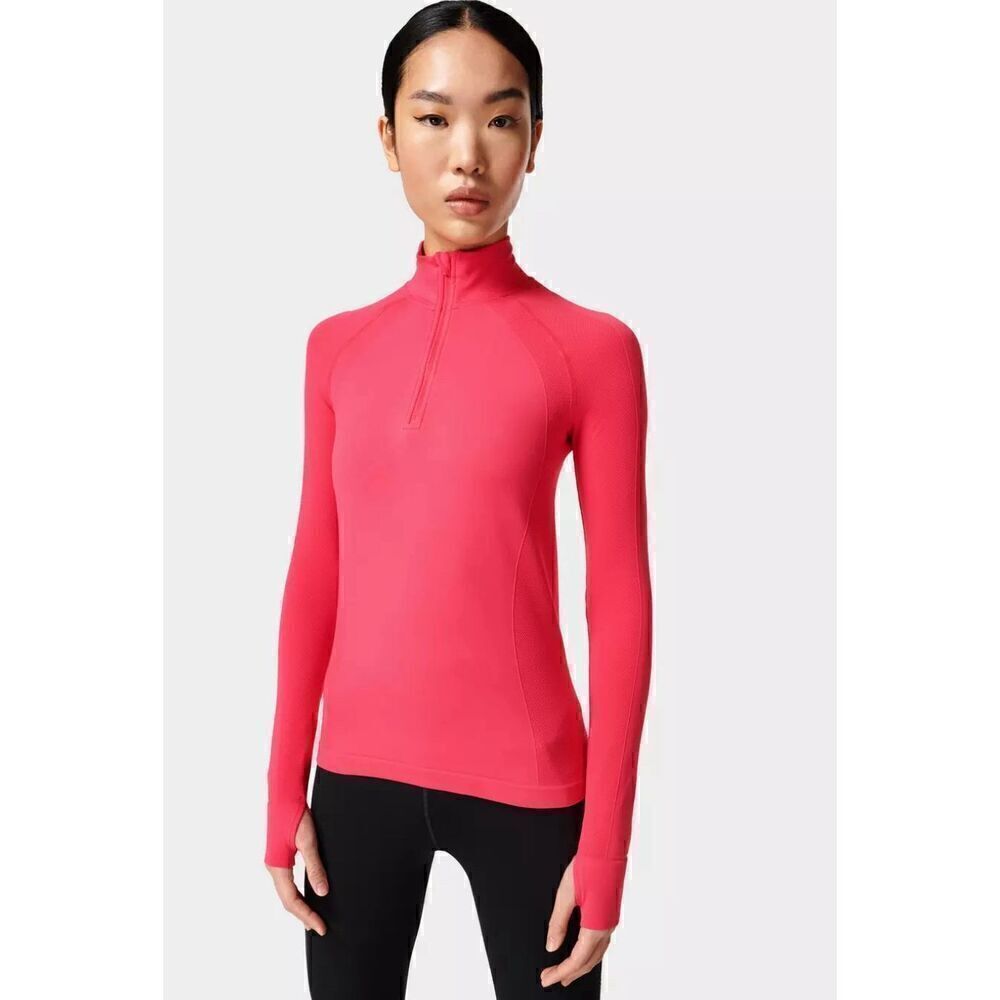 Sweaty Betty Athlete Seamless Half Zip Long Sleeve Top Glow Pink Size US 8, UK M